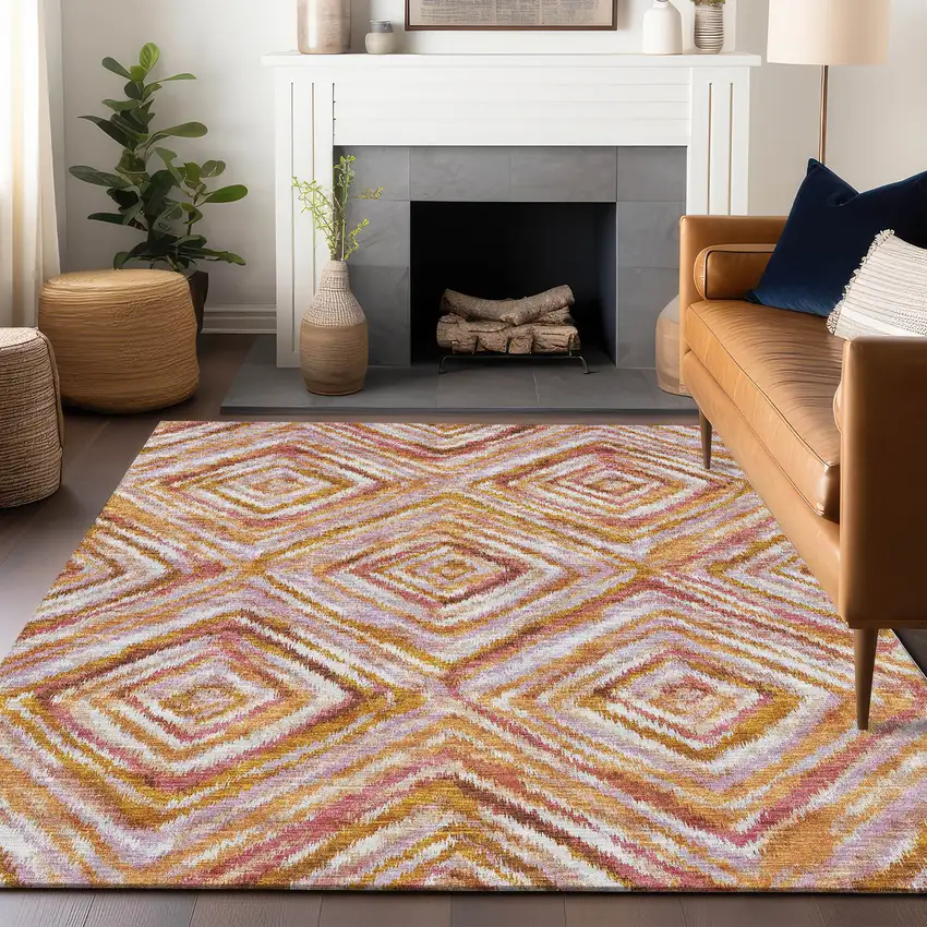 Orange Copper And Gold Geometric Washable Area Rug With UV Protection Photo 6