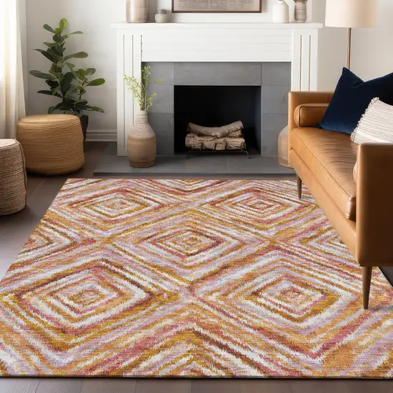Orange Copper And Gold Geometric Washable Area Rug With UV Protection Photo 6