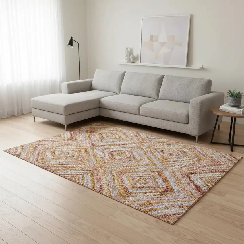 Orange Copper And Gold Geometric Washable Area Rug With UV Protection Photo 2