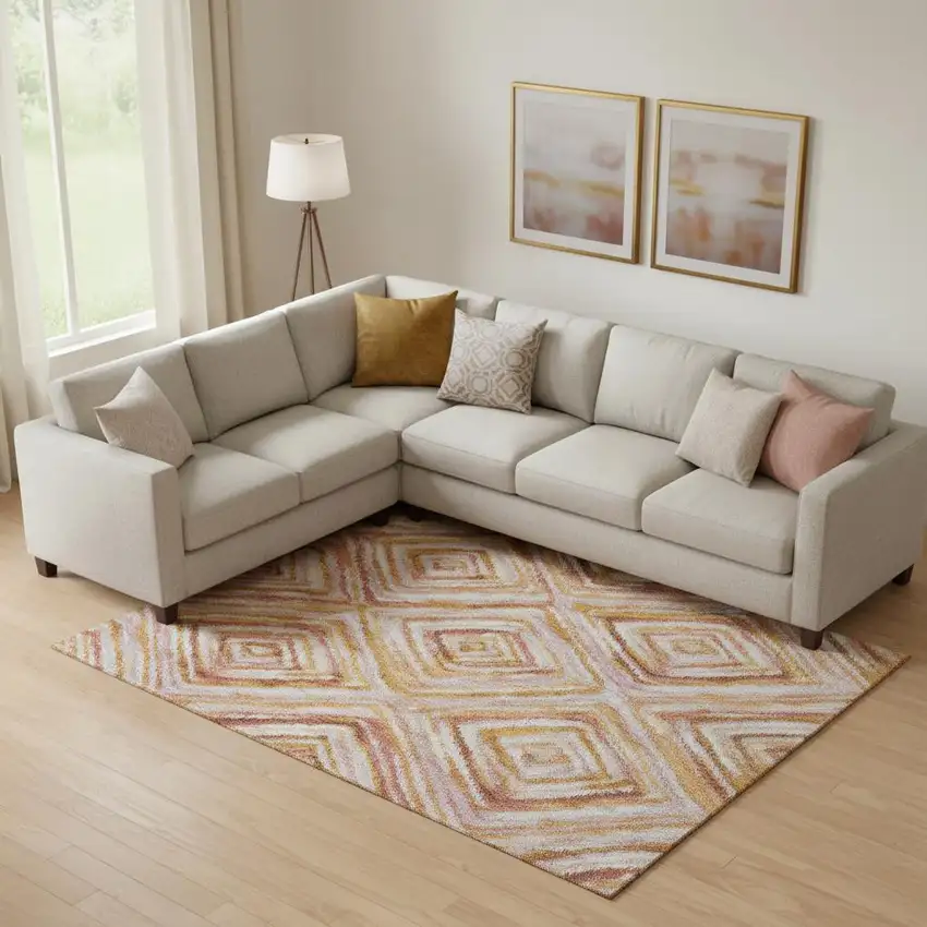 Orange Copper And Gold Geometric Washable Area Rug With UV Protection Photo 1