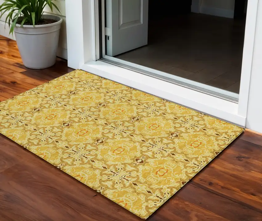 Orange Copper And Gold Medallion Washable Indoor Outdoor Area Rug Photo 1