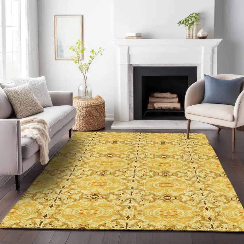 Orange Copper And Gold Medallion Washable Indoor Outdoor Area Rug Photo 9