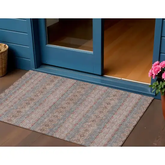 Orange Copper And Gray Floral Medallion Washable Indoor Outdoor Area Rug Photo 1