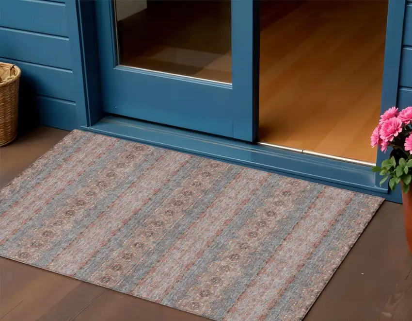 Orange Copper And Gray Floral Medallion Washable Indoor Outdoor Area Rug Photo 1