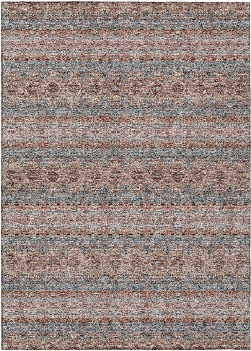 Orange Copper And Gray Floral Medallion Washable Indoor Outdoor Area Rug Photo 2