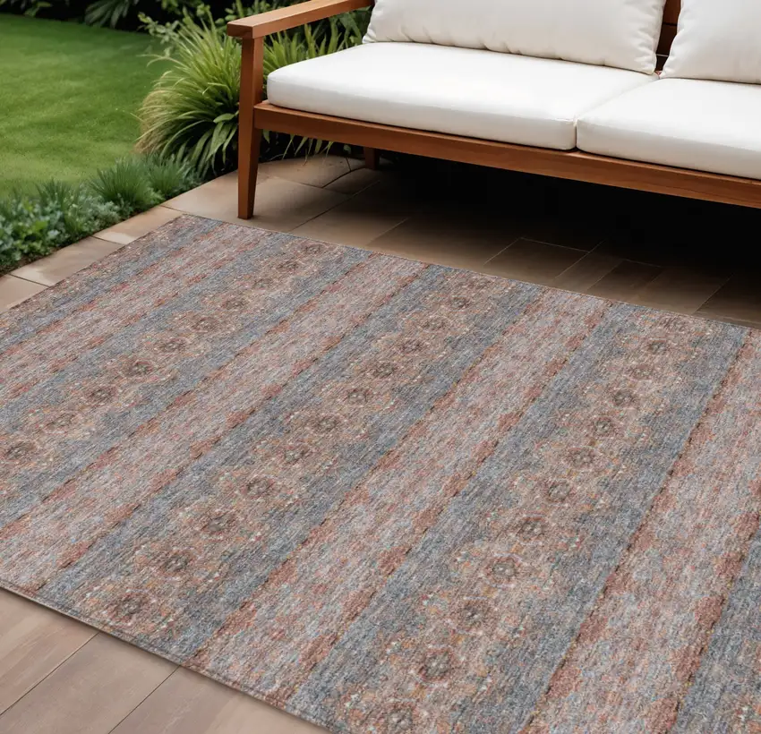 Orange Copper And Gray Floral Medallion Washable Indoor Outdoor Area Rug Photo 1