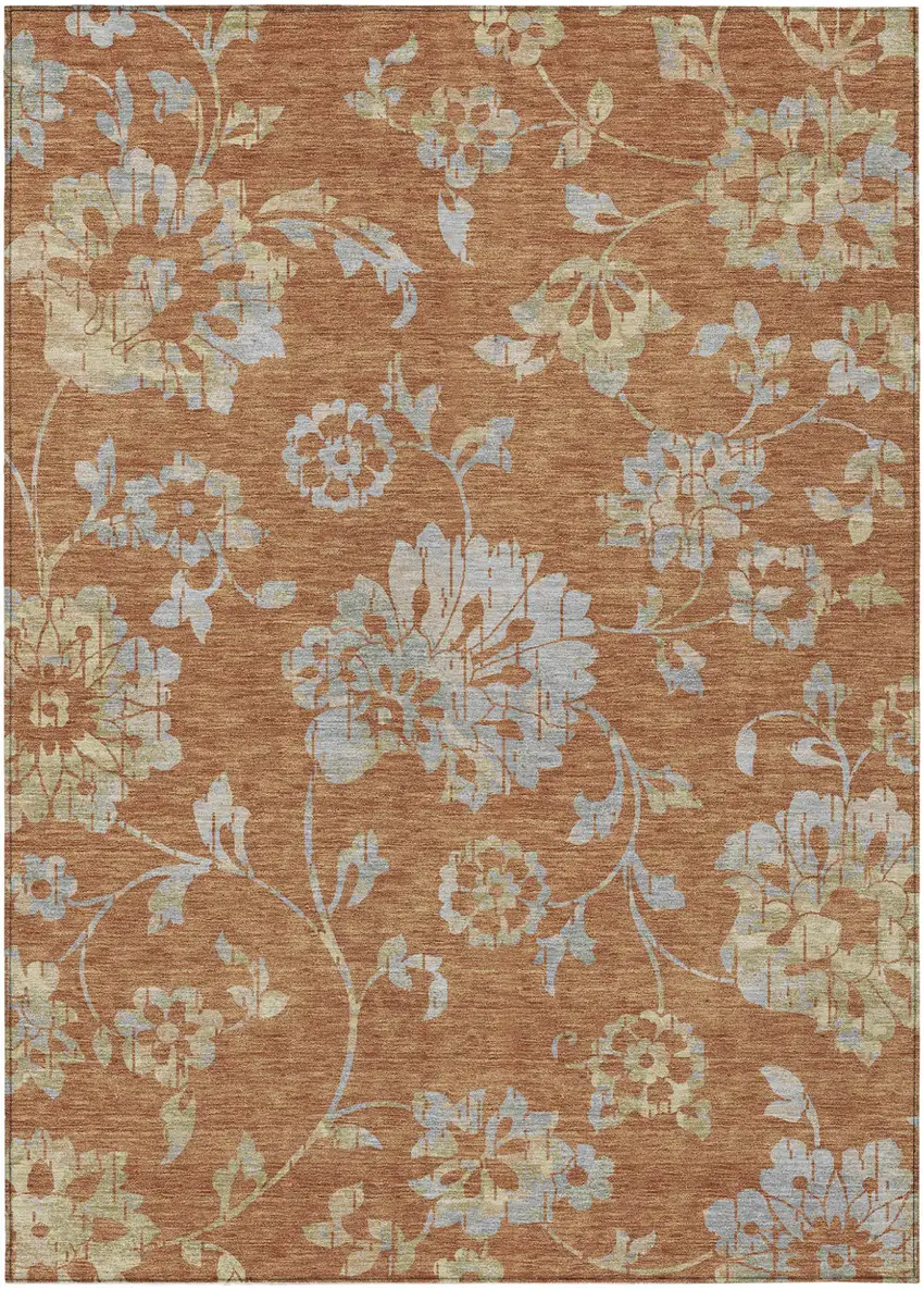 Orange Copper And Gray Floral Washable Indoor Outdoor Area Rug Photo 2
