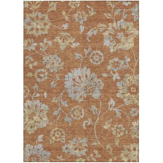 Orange Copper And Gray Floral Washable Indoor Outdoor Area Rug Photo 8