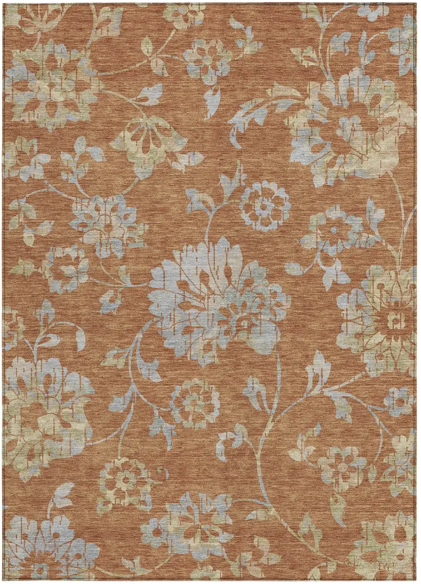 Orange Copper And Gray Floral Washable Indoor Outdoor Area Rug Photo 8