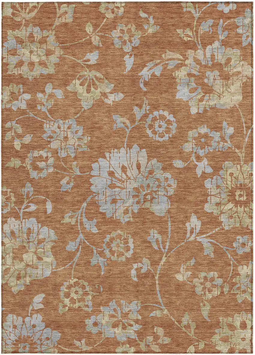 Orange Copper And Gray Floral Washable Indoor Outdoor Area Rug Photo 8