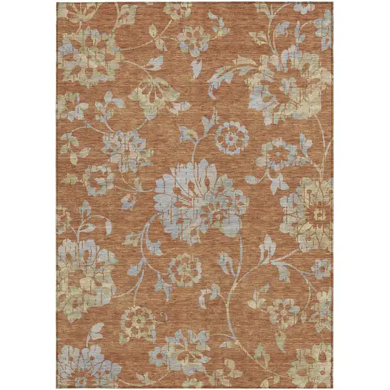 Orange Copper And Gray Floral Washable Indoor Outdoor Area Rug Photo 8