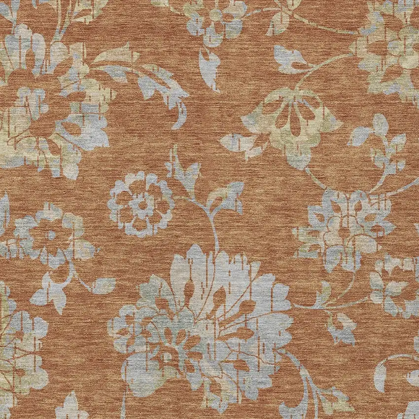 Orange Copper And Gray Floral Washable Indoor Outdoor Area Rug Photo 7