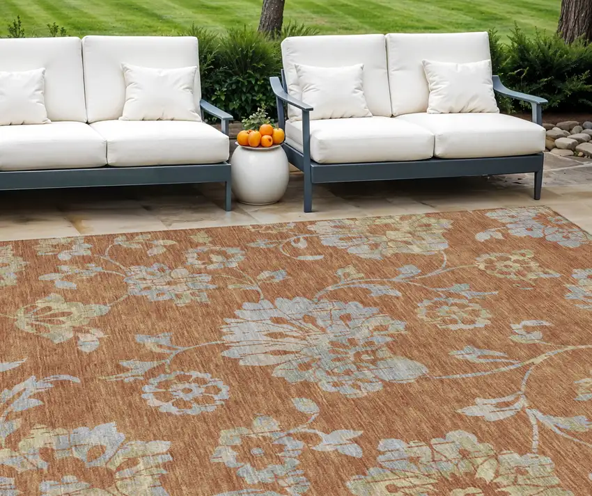 Orange Copper And Gray Floral Washable Indoor Outdoor Area Rug Photo 1
