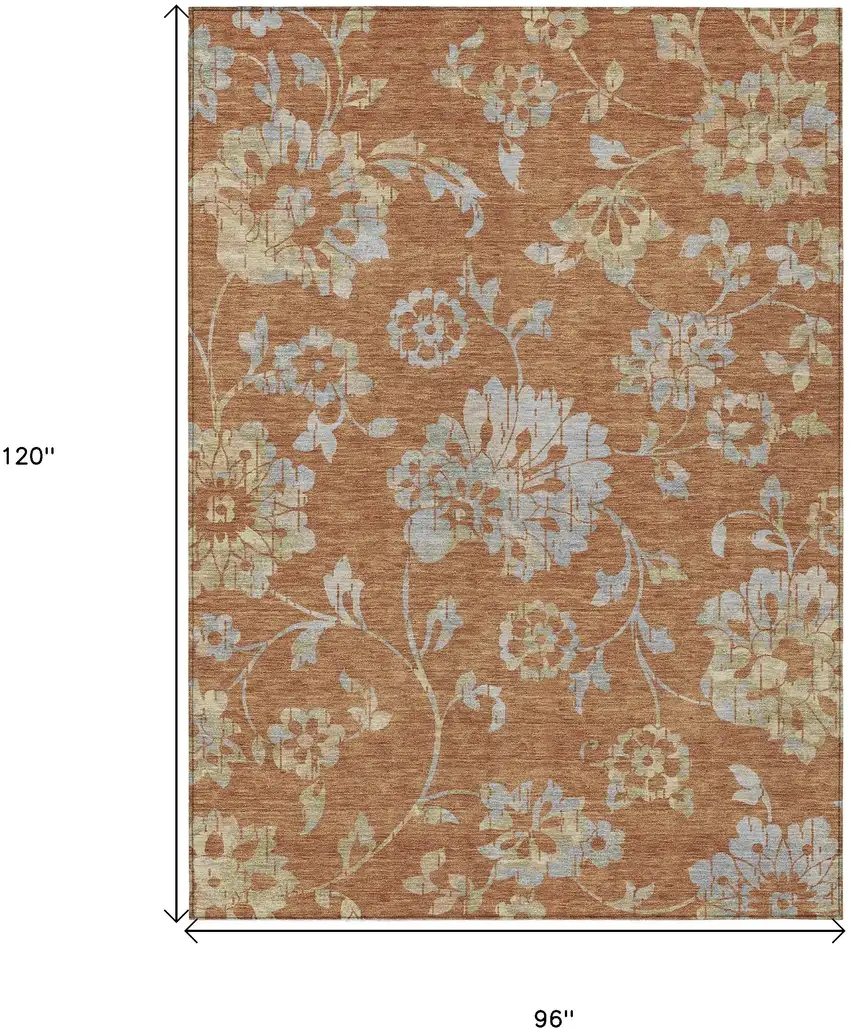 Orange Copper And Gray Floral Washable Indoor Outdoor Area Rug Photo 3