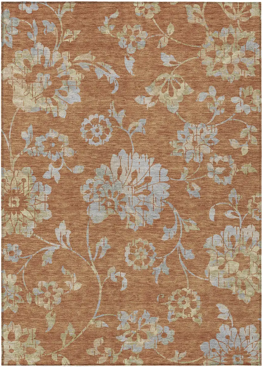 Orange Copper And Gray Floral Washable Indoor Outdoor Area Rug Photo 2