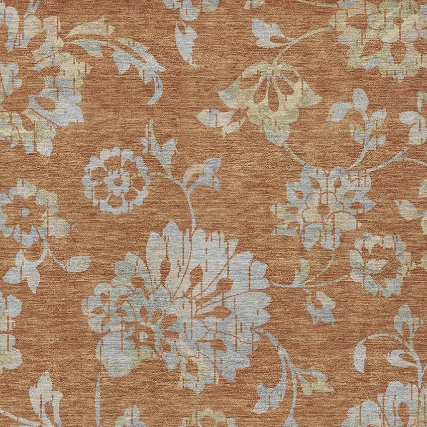 Orange Copper And Gray Floral Washable Indoor Outdoor Area Rug Photo 7