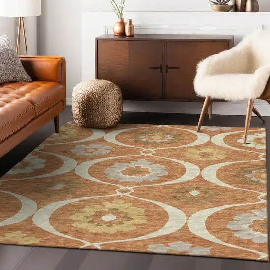 Orange Copper And Gray Medallion Washable Indoor Outdoor Area Rug Photo 8