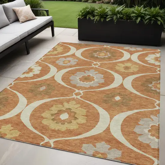 Orange Copper And Gray Medallion Washable Indoor Outdoor Area Rug Photo 1