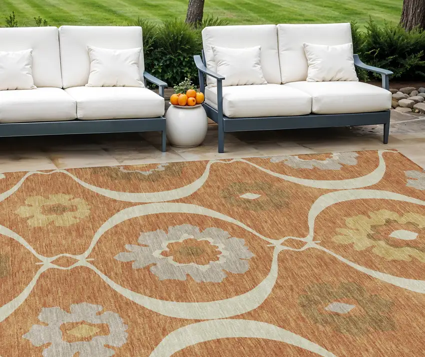 Orange Copper And Gray Medallion Washable Indoor Outdoor Area Rug Photo 1