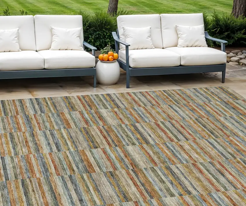 Orange Copper And Gray Striped Washable Indoor Outdoor Area Rug Photo 1