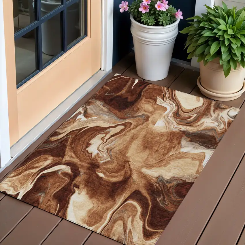 Orange Copper And Ivory Abstract Washable Indoor Outdoor Area Rug Photo 1