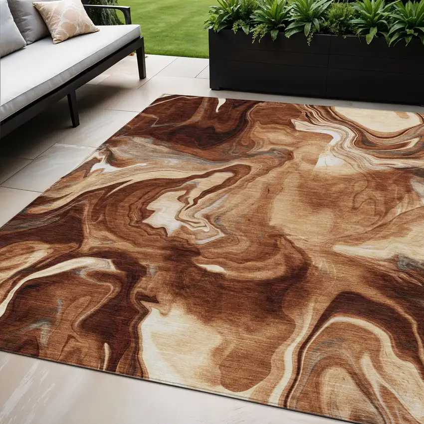 Orange Copper And Ivory Abstract Washable Indoor Outdoor Area Rug Photo 1