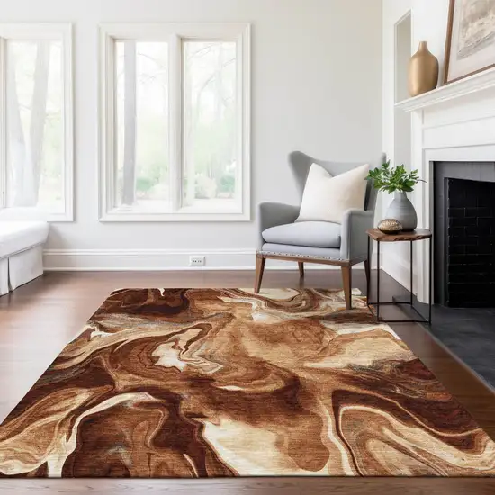 Orange Copper And Ivory Abstract Washable Indoor Outdoor Area Rug Photo 9