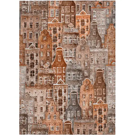 Orange Copper And Salmon Village Houses Washable Indoor Outdoor Area Rug Photo 7