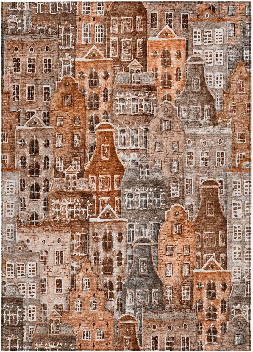 Orange Copper And Salmon Village Houses Washable Indoor Outdoor Area Rug Photo 7