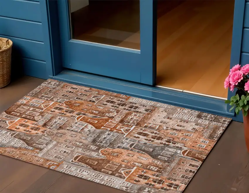 Orange Copper And Salmon Village Houses Washable Indoor Outdoor Area Rug Photo 1