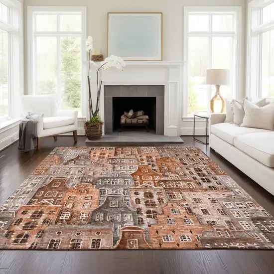 Orange Copper And Salmon Village Houses Washable Indoor Outdoor Area Rug Photo 9