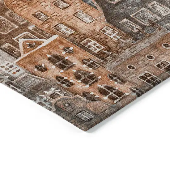 Orange Copper And Salmon Village Houses Washable Indoor Outdoor Area Rug Photo 5