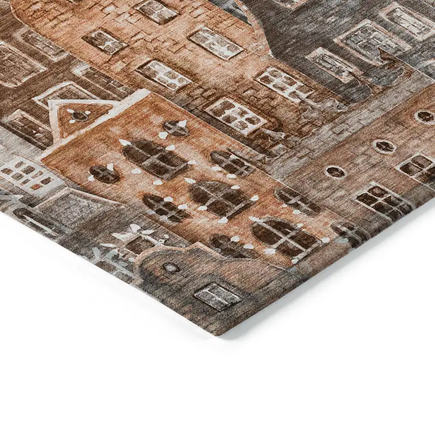 Orange Copper And Salmon Village Houses Washable Indoor Outdoor Area Rug Photo 5