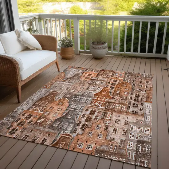Orange Copper And Salmon Village Houses Washable Indoor Outdoor Area Rug Photo 8