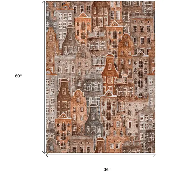 Orange Copper And Salmon Village Houses Washable Indoor Outdoor Area Rug Photo 3