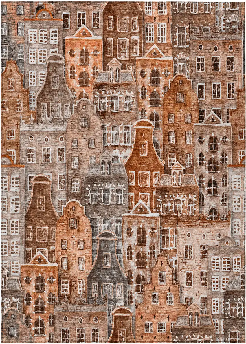Orange Copper And Salmon Village Houses Washable Indoor Outdoor Area Rug Photo 2