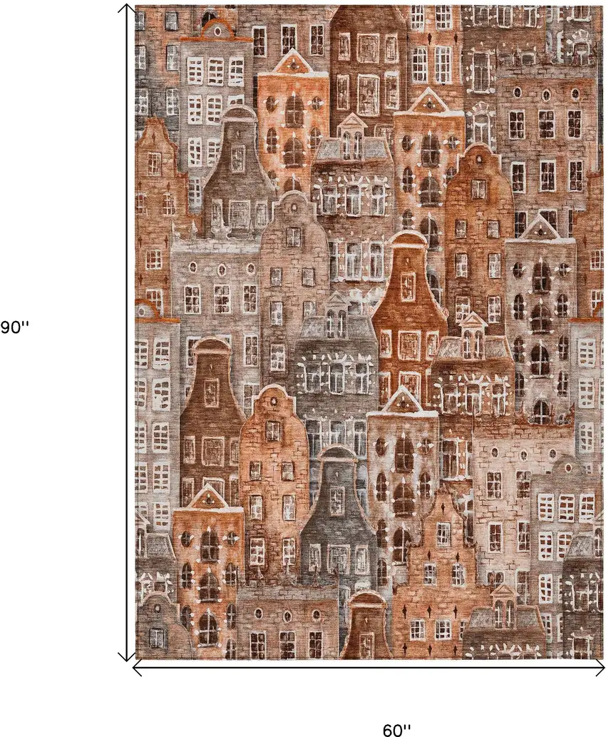 Orange Copper And Salmon Village Houses Washable Indoor Outdoor Area Rug Photo 3