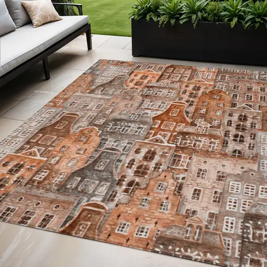 Orange Copper And Salmon Village Houses Washable Indoor Outdoor Area Rug Photo 1