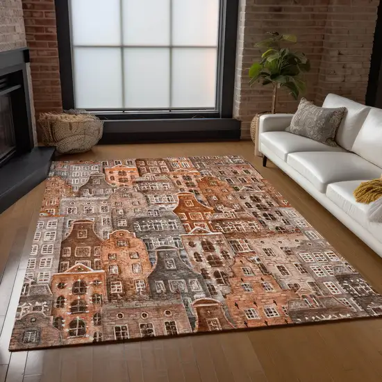 Orange Copper And Salmon Village Houses Washable Indoor Outdoor Area Rug Photo 9