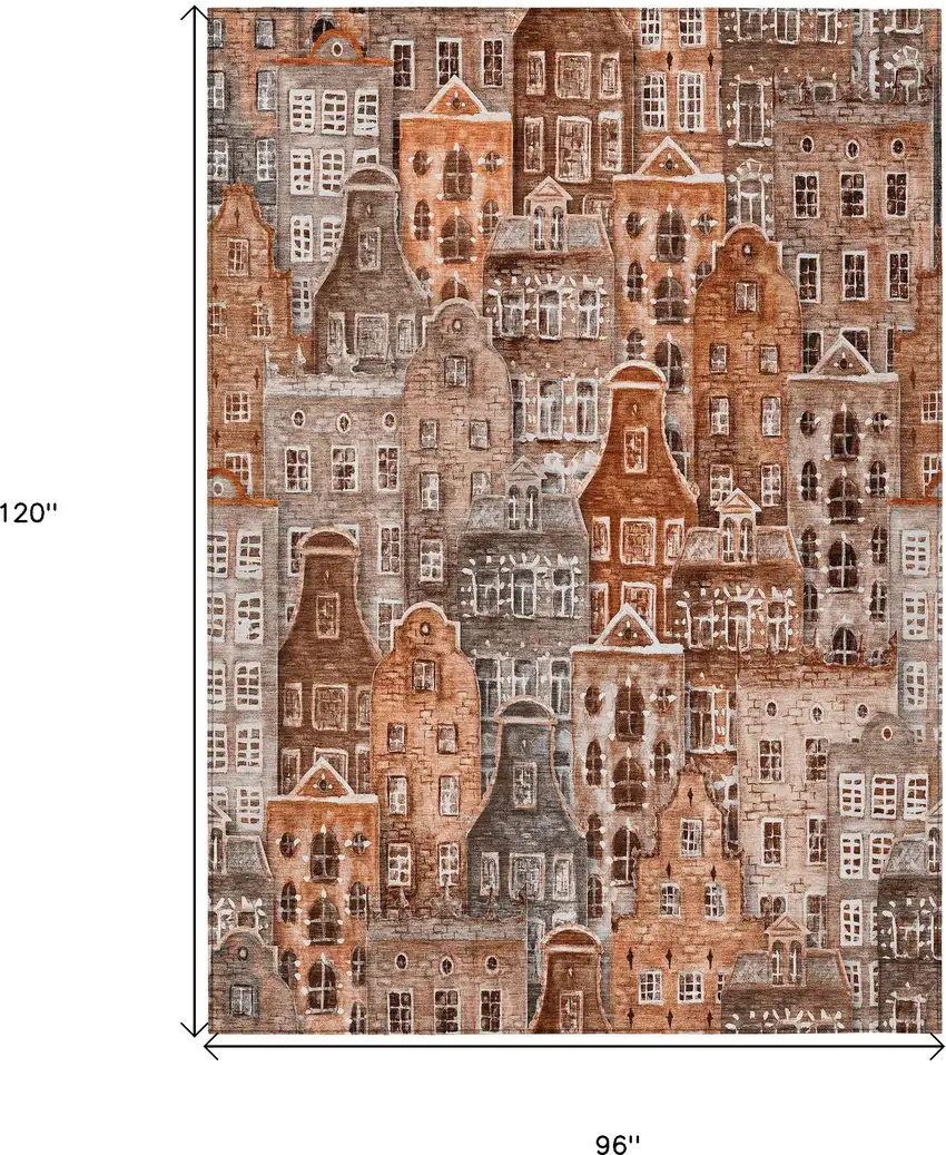 Orange Copper And Salmon Village Houses Washable Indoor Outdoor Area Rug Photo 3