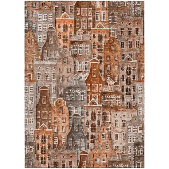 Orange Copper And Salmon Village Houses Washable Indoor Outdoor Area Rug Photo 2