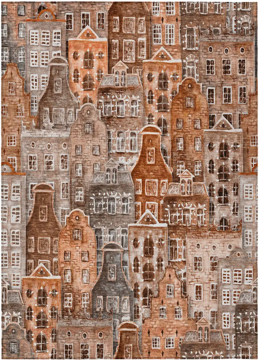 Orange Copper And Salmon Village Houses Washable Indoor Outdoor Area Rug Photo 2