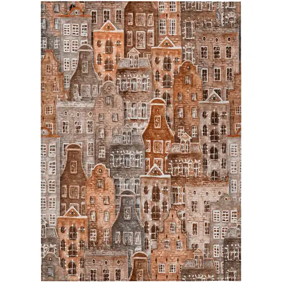 Orange Copper And Salmon Village Houses Washable Indoor Outdoor Area Rug Photo 2