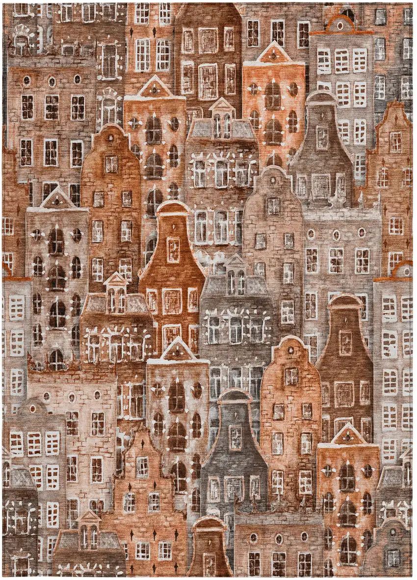 Orange Copper And Salmon Village Houses Washable Indoor Outdoor Area Rug Photo 6