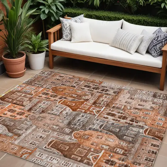 Orange Copper And Salmon Village Houses Washable Indoor Outdoor Area Rug Photo 1