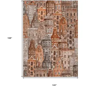 Photo of Orange Copper And Salmon Village Houses Washable Indoor Outdoor Area Rug