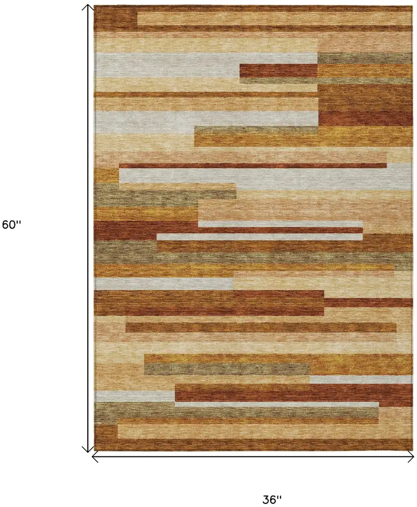 Orange Copper And Taupe Striped Washable Indoor Outdoor Area Rug Photo 8