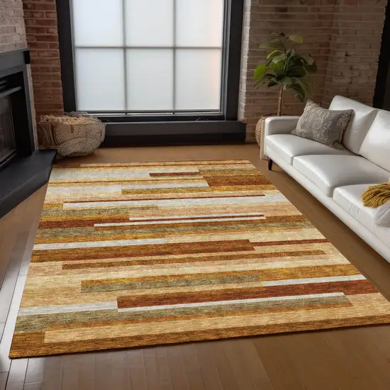 Orange Copper And Taupe Striped Washable Indoor Outdoor Area Rug Photo 9