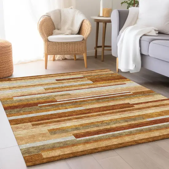 Orange Copper And Taupe Striped Washable Indoor Outdoor Area Rug Photo 8