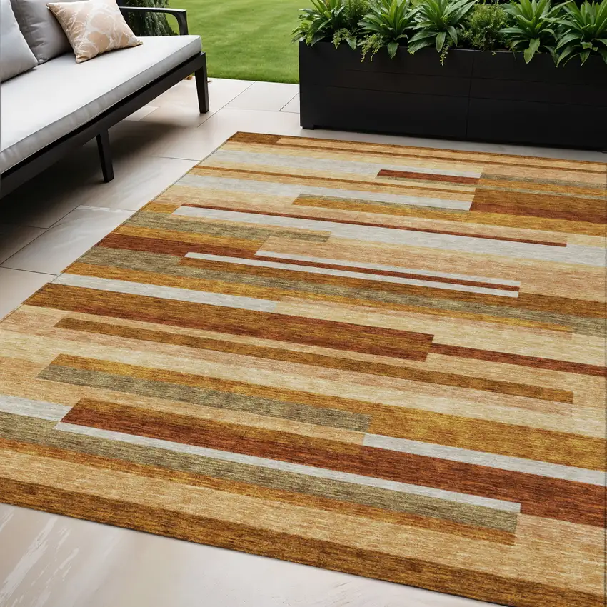 Orange Copper And Taupe Striped Washable Indoor Outdoor Area Rug Photo 1